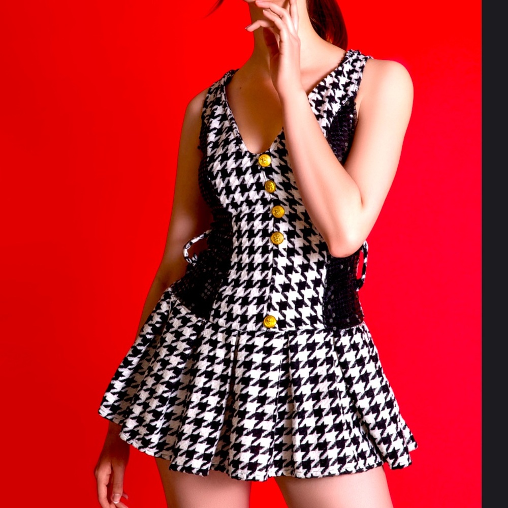 HARLEQUIN DRESS JOKER sexy clown detective Houndstooth V neck Flared Pleated M